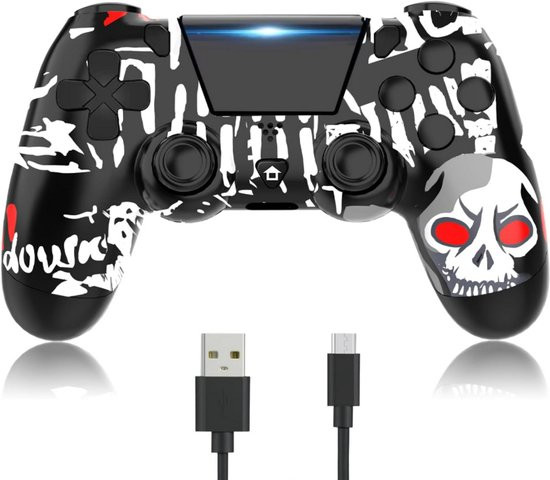 دسته بازی بی‌سیم ارتقایافته YUYIU برای پلی‌استیشن ۴ (PS4/Slim/Pro) و کامپیوتر (PC) | دارای قابلیت ویبره دوگانه، اسپیکر داخلی، جک هدفون، تاچ‌پد و ژیروسکوپ شش‌محوره (طرح اسکلت - SKULL)
