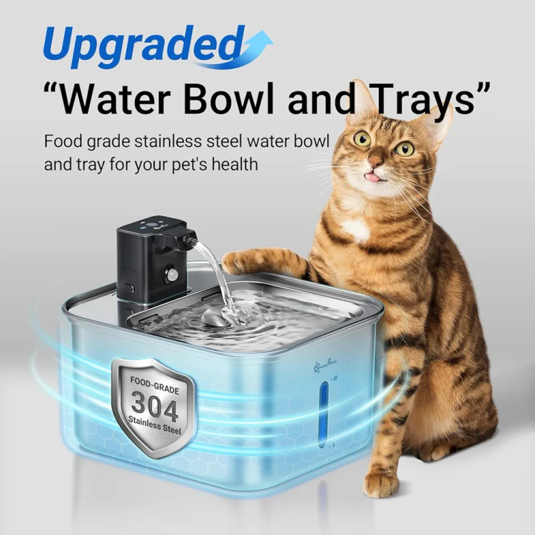 آبخوری اتوماتیک تمام استیل ضد زنگ بیسیم گربه برند DownyPaws – مخزن ۳ لیتری، شارژی با باتری داخلی و سنسور حرکتی، مناسب گربه و سایر حیوانات خانگی