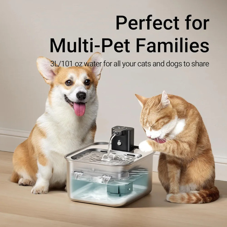 آبخوری اتوماتیک تمام استیل ضد زنگ بیسیم گربه برند DownyPaws – مخزن ۳ لیتری، شارژی با باتری داخلی و سنسور حرکتی، مناسب گربه و سایر حیوانات خانگی