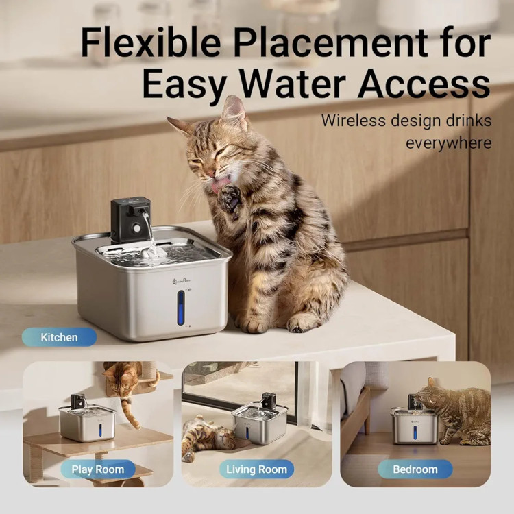 آبخوری اتوماتیک تمام استیل ضد زنگ بیسیم گربه برند DownyPaws – مخزن ۳ لیتری، شارژی با باتری داخلی و سنسور حرکتی، مناسب گربه و سایر حیوانات خانگی