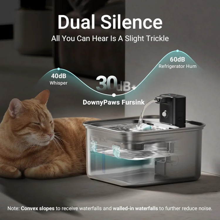 آبخوری اتوماتیک تمام استیل ضد زنگ بیسیم گربه برند DownyPaws – مخزن ۳ لیتری، شارژی با باتری داخلی و سنسور حرکتی، مناسب گربه و سایر حیوانات خانگی