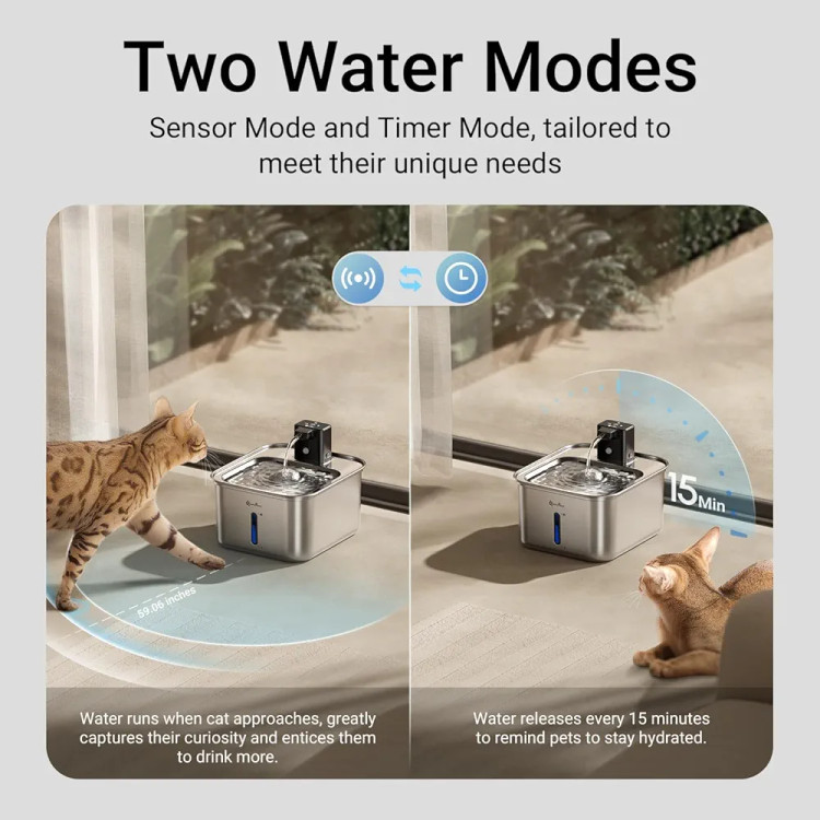 آبخوری اتوماتیک تمام استیل ضد زنگ بیسیم گربه برند DownyPaws – مخزن ۳ لیتری، شارژی با باتری داخلی و سنسور حرکتی، مناسب گربه و سایر حیوانات خانگی