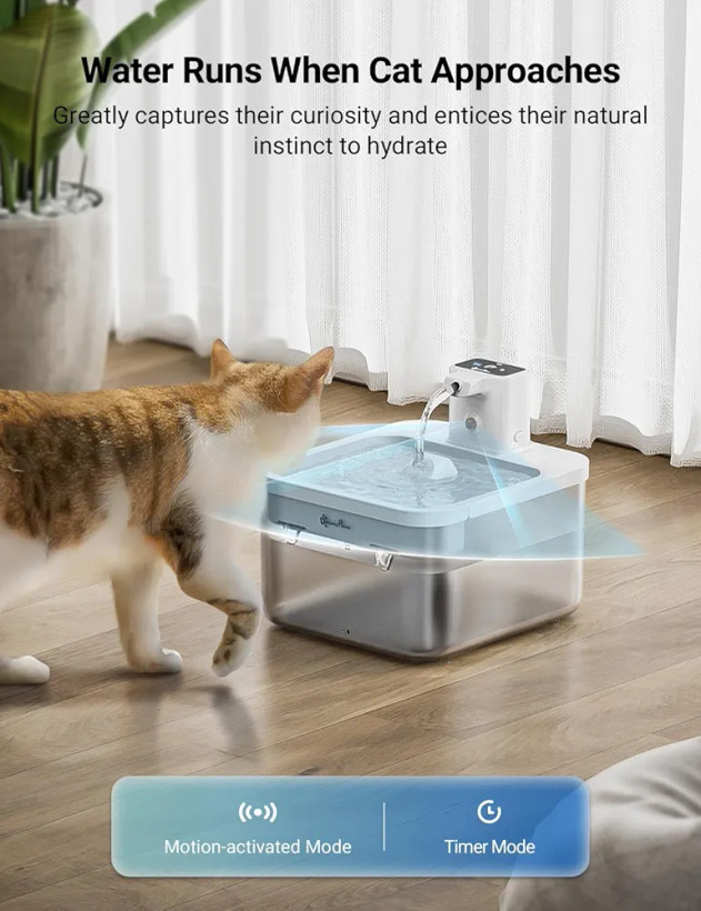 آبخوری با ظرف آب استیل ضد زنگ شارژی گربه و سگ،2.5 لیتری سنسور دار برند DownyPaws