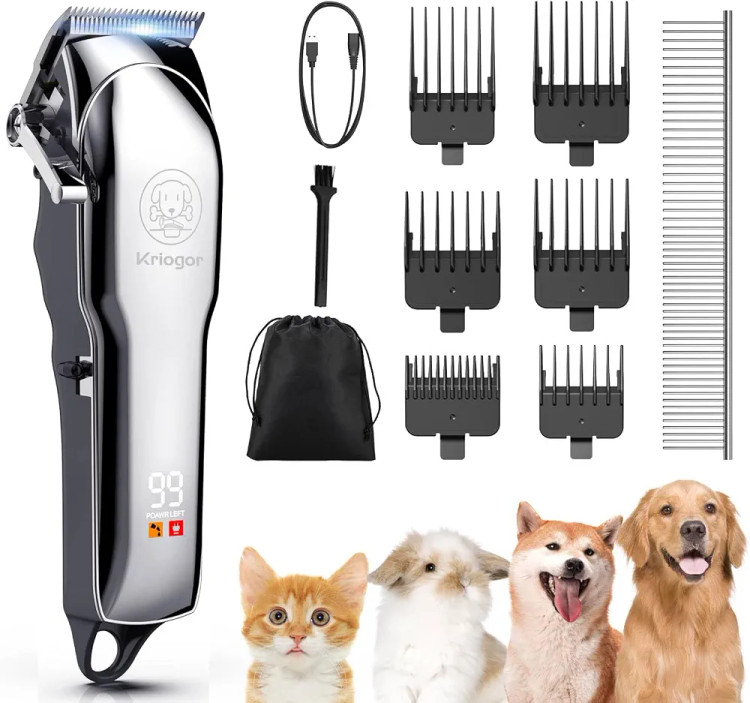 ماشین اصلاح حرفه‌ای حیوانات خانگی (سگ و گربه) | بی‌سیم، کم‌صدا، دارای نمایشگر LED و ۶ سری مختلف برند KrioGor
