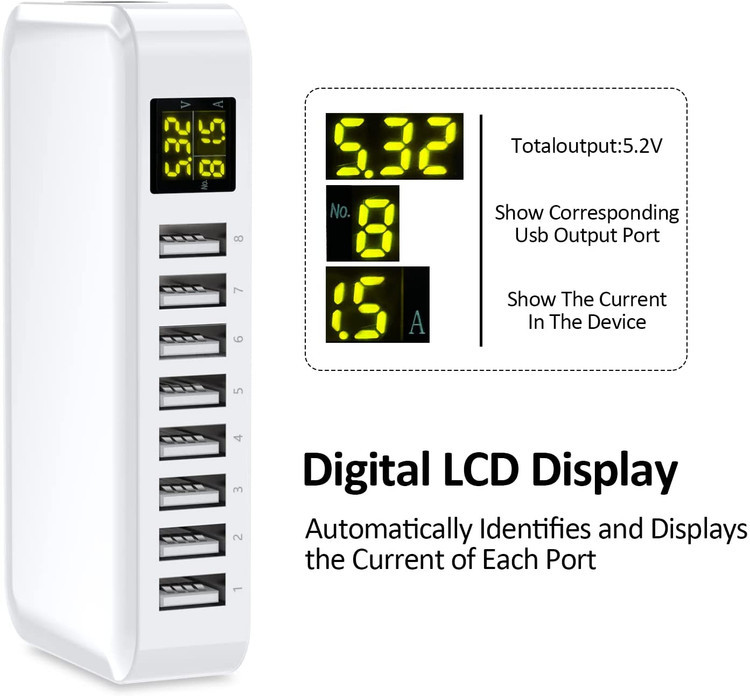 شارژ 8پورت USBبا نمایشگر LCDمدلi6 توان 40وات برند