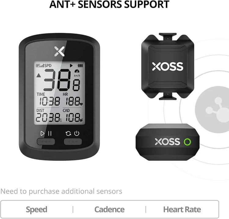 کامپیوتر دوچرخه GPS برند XOSS مدل G+، کامپیوتر دوچرخهسواری دارای بلوتوث و ANT+، سرعتسنج و کیلومترشمار بیسیم دوچرخه با صفحه نمایش LCD، ردیاب ضد آب کوهستان، مناسب برای تمامی دوچرخهها و دوچرخههای برقی (پشتیبانی از اپلیکیشن XOSS)