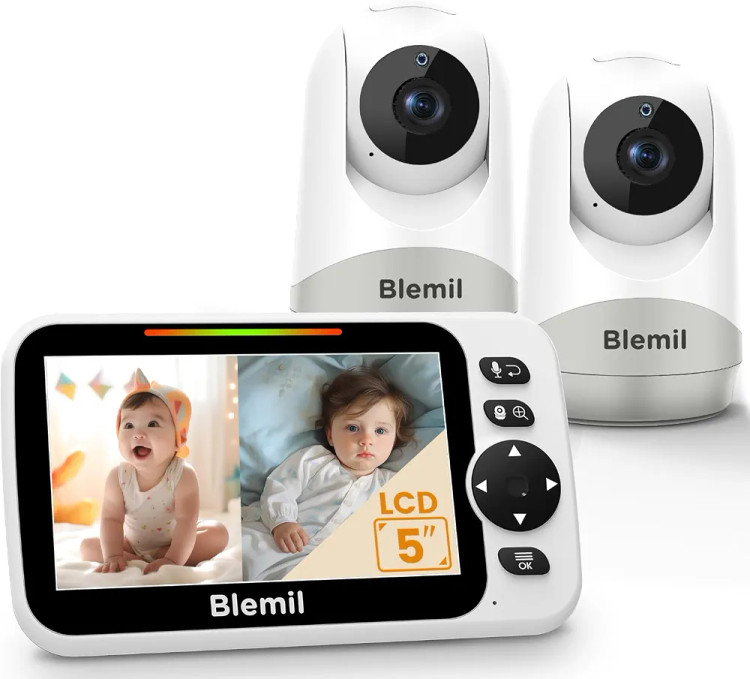دوربین مراقبت کودک با مانیتور 5 اینچی ارتقایافته Blemil با باتری ۳۰ ساعته، با صفحه نمایش تقسیم‌شده (Split-Screen) به همراه ۲ دوربین و صدا، قابلیت چرخش/خم شدن/زوم از راه دور، مکالمه دوطرفه، سنجش دمای اتاق، دید در شب خودکار