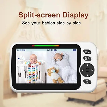 دوربین مراقبت کودک با مانیتور 5 اینچی ارتقایافته Blemil با باتری ۳۰ ساعته، با صفحه نمایش تقسیمشده (Split-Screen) به همراه ۲ دوربین و صدا، قابلیت چرخش/خم شدن/زوم از راه دور، مکالمه دوطرفه، سنجش دمای اتاق، دید در شب خودکار