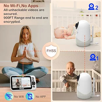 دوربین مراقبت کودک با مانیتور 5 اینچی ارتقایافته Blemil با باتری ۳۰ ساعته، با صفحه نمایش تقسیمشده (Split-Screen) به همراه ۲ دوربین و صدا، قابلیت چرخش/خم شدن/زوم از راه دور، مکالمه دوطرفه، سنجش دمای اتاق، دید در شب خودکار
