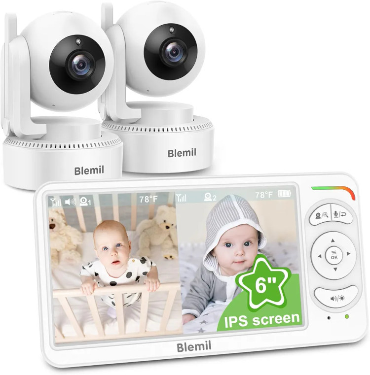 دوربین مراقبت کودک با مانیتور ۶ اینچی IPS برند Blemil با ۲ دوربین و صفحه نمایش دوگانه (Split Screen). مانیتور کودک بدون وایفای، دوربین PTZ، دید در شب، باتری با عمر طولانی، صدای دوطرفه، زوم و صفحه نمایش IPS.