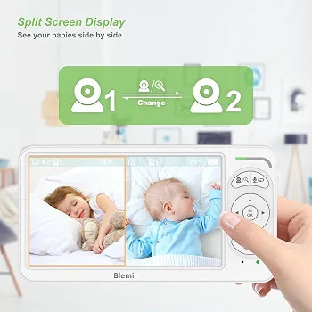 دوربین مراقبت کودک با مانیتور ۶ اینچی IPS برند Blemil با ۲ دوربین و صفحه نمایش دوگانه (Split Screen). مانیتور کودک بدون وایفای، دوربین PTZ، دید در شب، باتری با عمر طولانی، صدای دوطرفه، زوم و صفحه نمایش IPS.