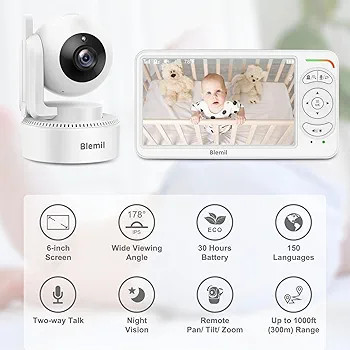 دوربین مراقبت کودک با مانیتور ۶ اینچی IPS برند Blemil با ۲ دوربین و صفحه نمایش دوگانه (Split Screen). مانیتور کودک بدون وایفای، دوربین PTZ، دید در شب، باتری با عمر طولانی، صدای دوطرفه، زوم و صفحه نمایش IPS.