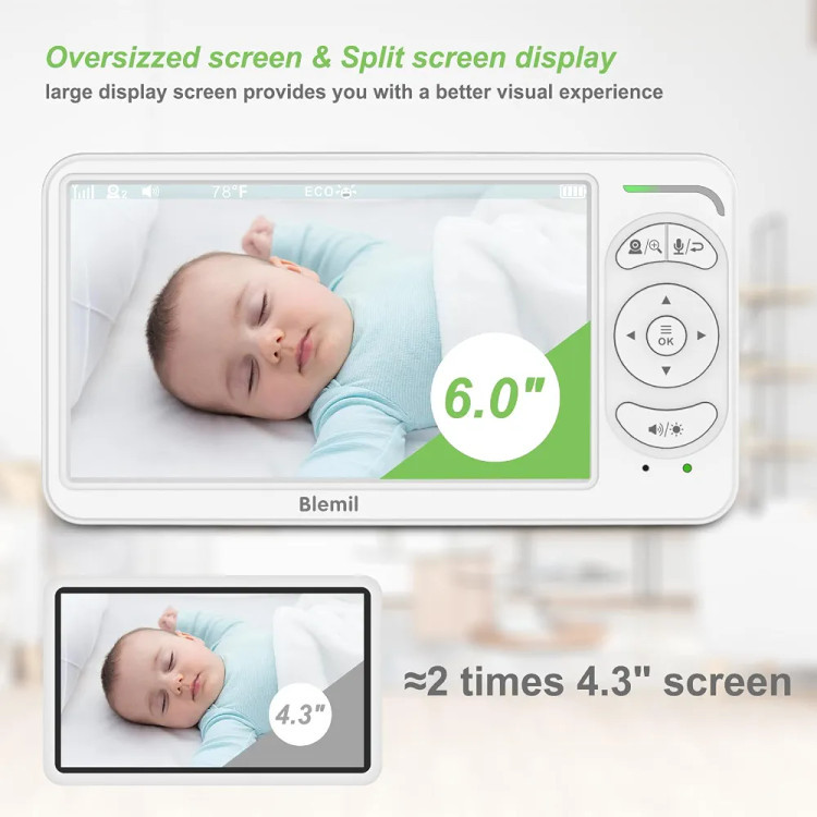 دوربین مراقبت کودک با مانیتور ۶ اینچی IPS برند Blemil با ۲ دوربین و صفحه نمایش دوگانه (Split Screen). مانیتور کودک بدون وایفای، دوربین PTZ، دید در شب، باتری با عمر طولانی، صدای دوطرفه، زوم و صفحه نمایش IPS.